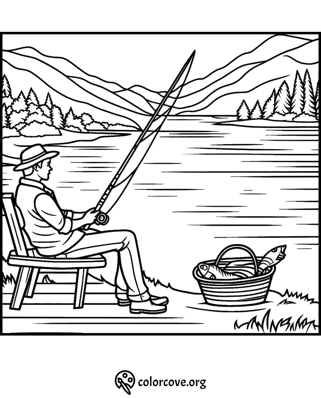 Man fishing by a lake with mountains in background, basket with fish beside him, coloring page illustration.