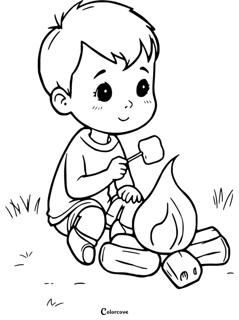 A young boy roasting a marshmallow over a campfire in this camping coloring page.