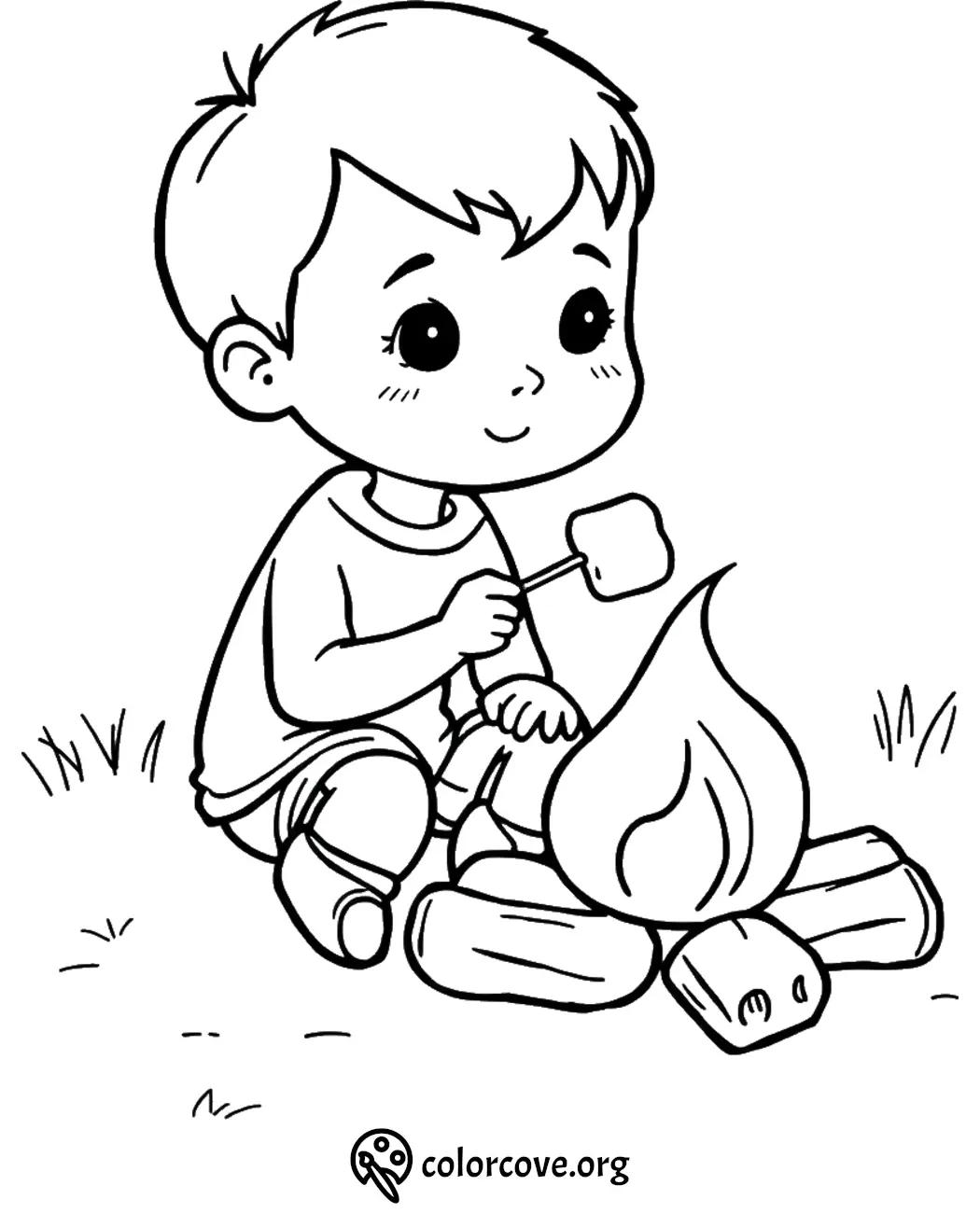 Child roasting marshmallow by campfire coloring page. Cozy camping scene for kids to color and enjoy.