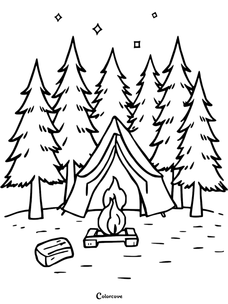 Camping coloring page featuring a tent, campfire, and pine trees under a starry night sky.