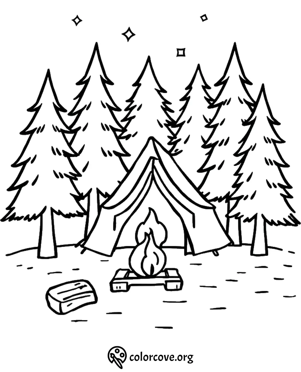 Camping scene coloring page with tent, campfire, and pine trees under a starry sky.