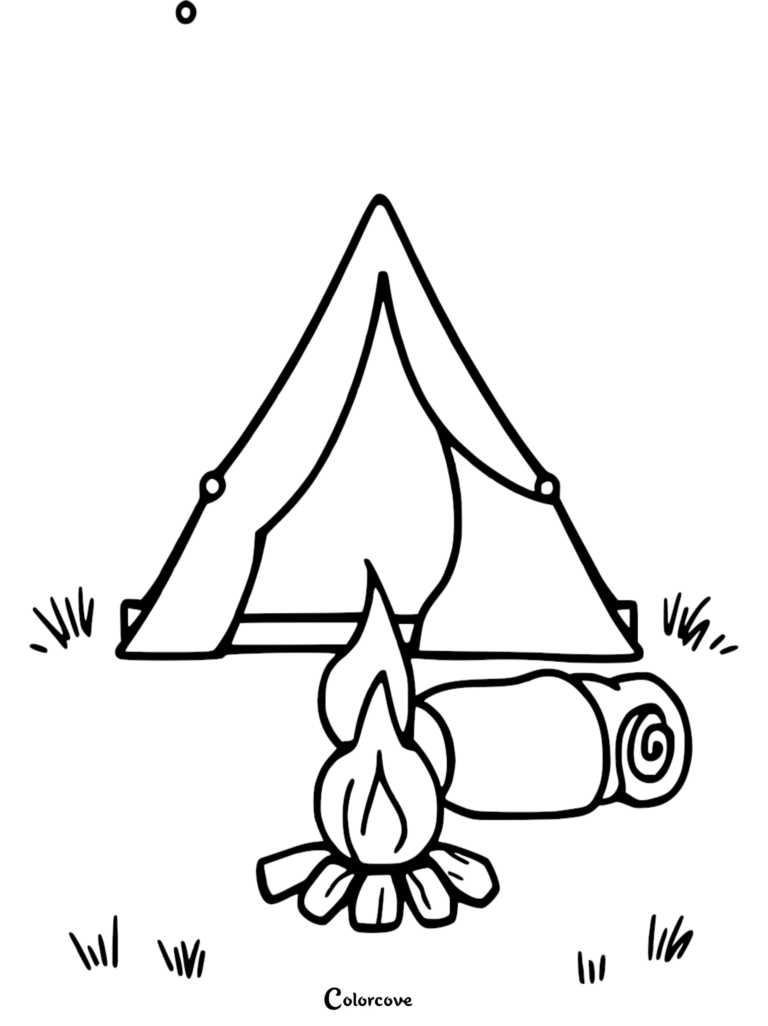 A simple camping coloring page featuring an A-frame tent, a crackling campfire, and a rolled-up sleeping bag on the grass.