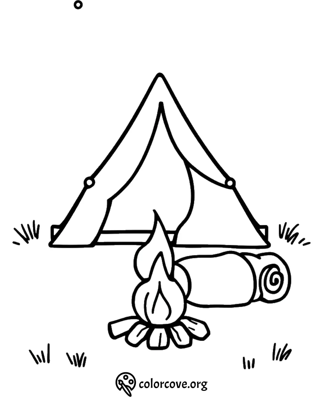 Camping coloring page with a tent, campfire, and sleeping bag, perfect for kids' outdoor adventure activities.