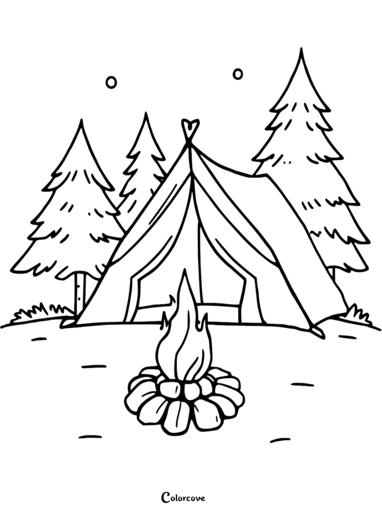 A simple camping coloring page featuring a tent set up in a forest with a campfire in the foreground.
