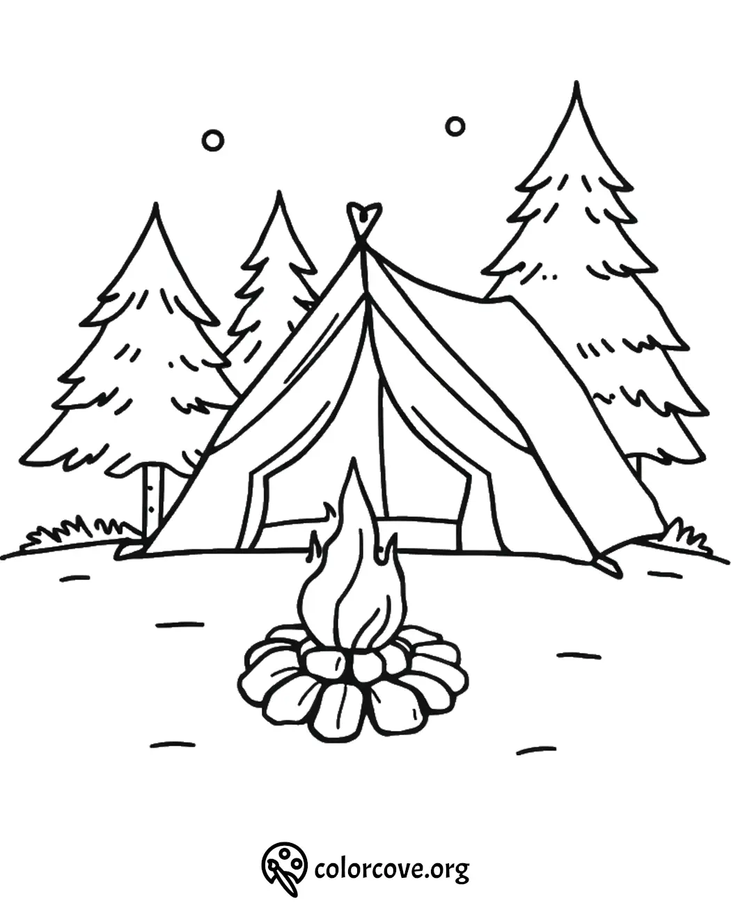 Camping scene coloring page with tent, campfire, and trees under a starry night sky. Perfect for kids' outdoor fun.