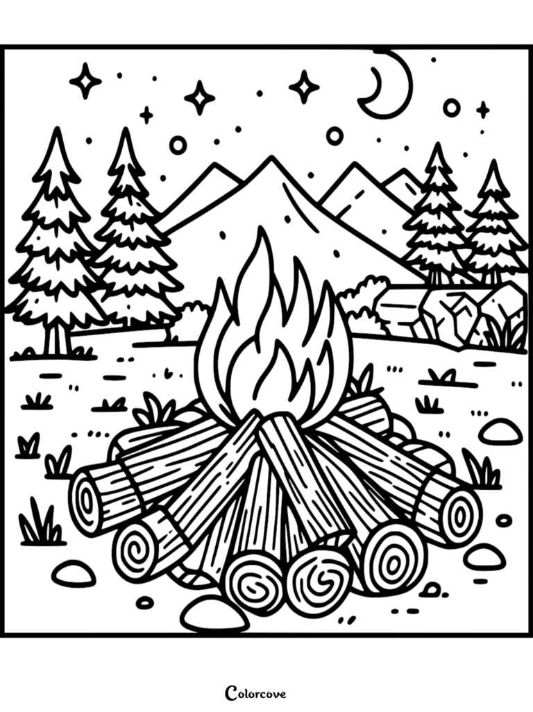 A camping coloring page featuring a roaring campfire with logs under a starry night sky with mountains and pine trees.
