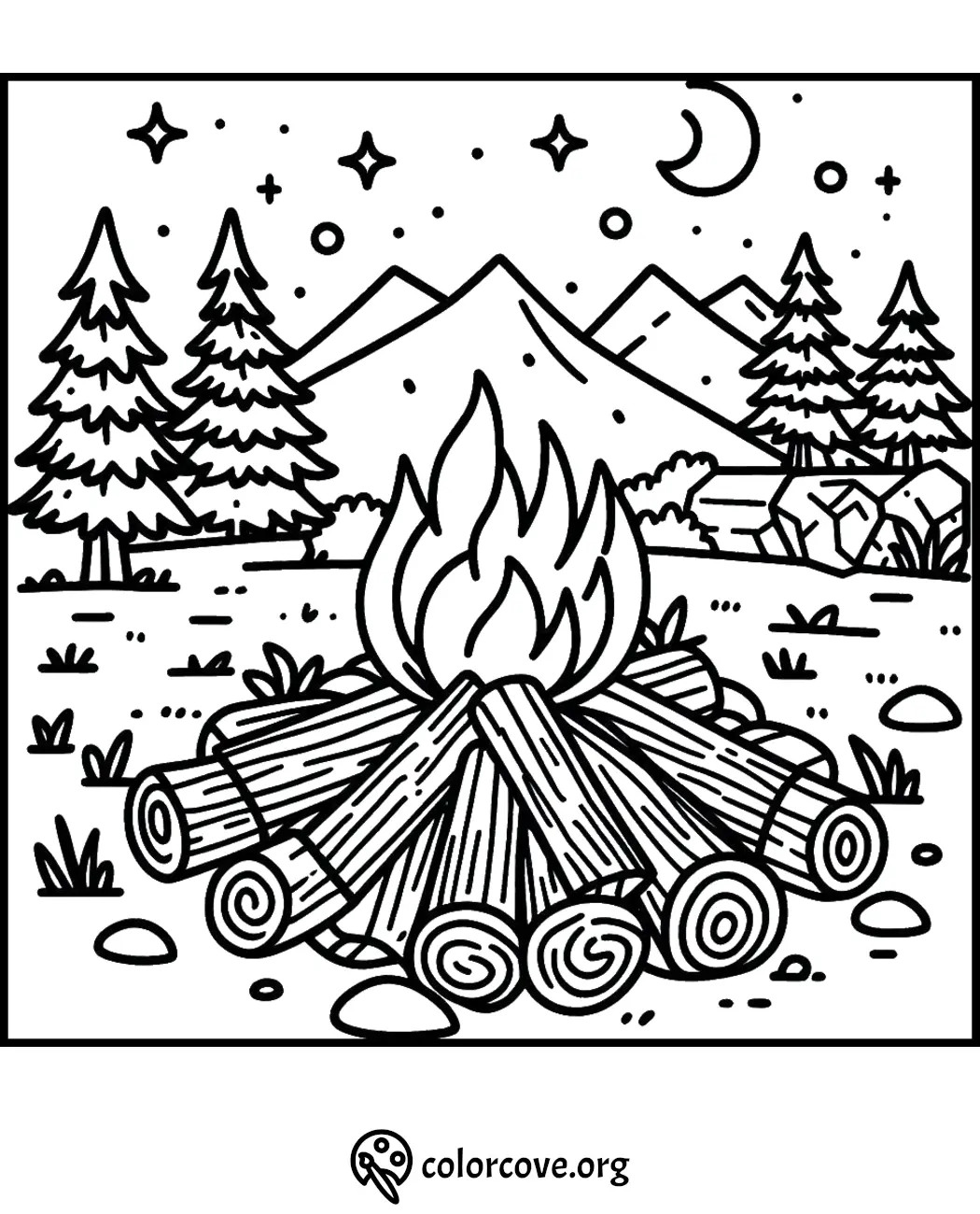 Coloring page of a cozy campsite scene, featuring a blazing campfire, pine trees, mountains, and a starlit sky.