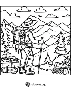 Coloring page of a hiker with backpack, exploring a scenic mountain landscape with trees and clouds.