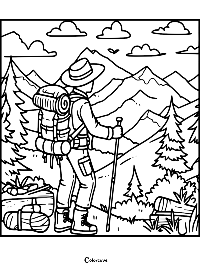 A hiker with a backpack and walking stick looking at mountain scenery in this camping coloring page.