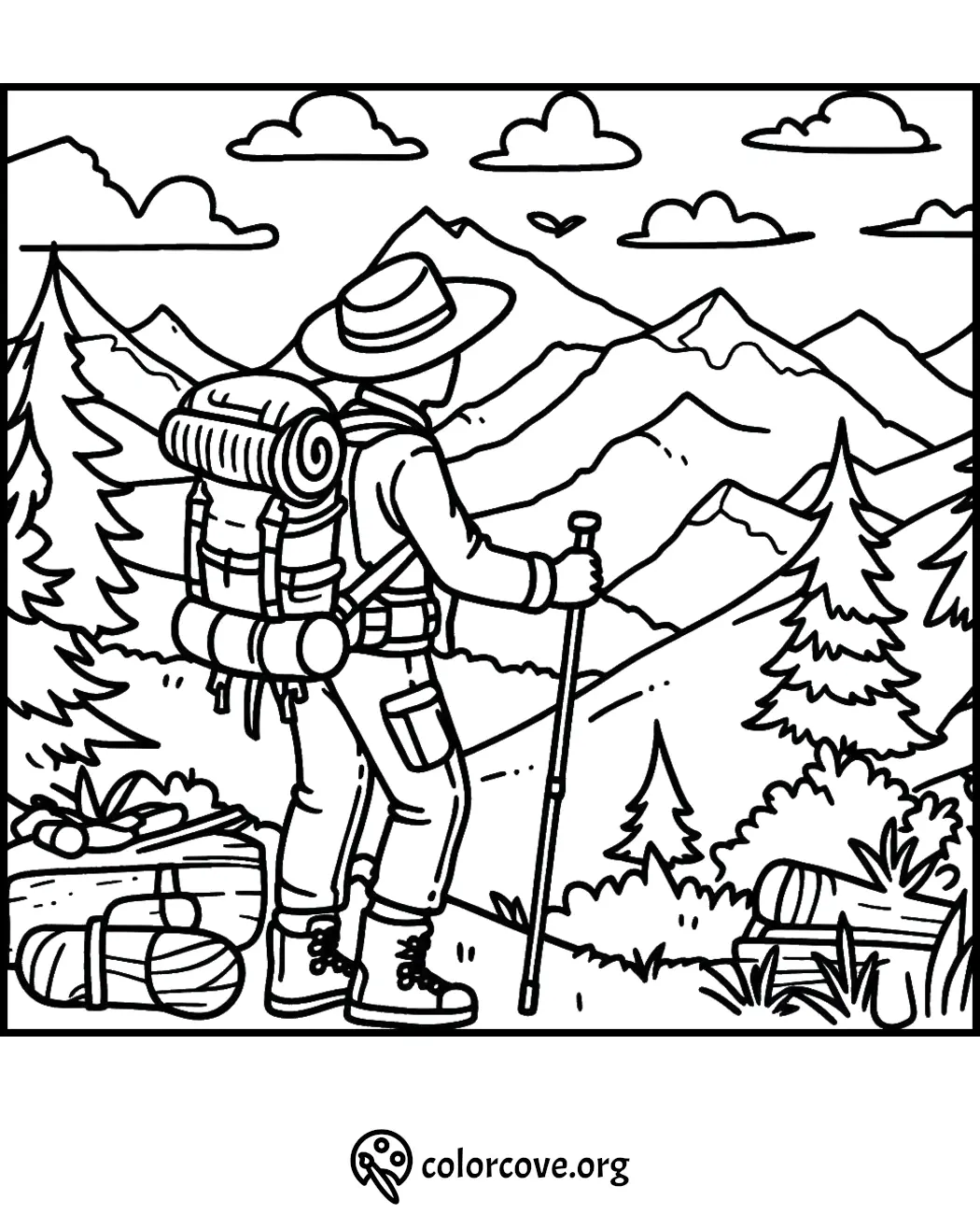 Coloring page of a hiker with backpack, exploring a scenic mountain landscape with trees and clouds.