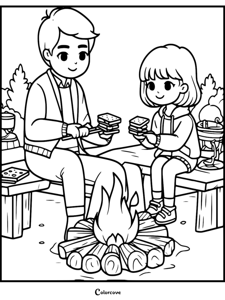 A boy and girl roasting s'mores over a campfire in this camping coloring page.