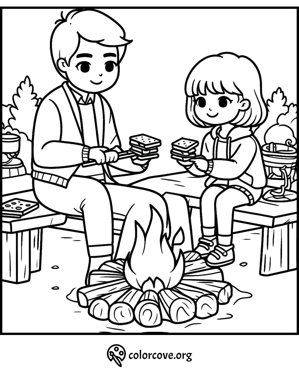 Two kids making s'mores over a campfire, sitting on benches in a cozy outdoor setting. Coloring page by colorcove.org.