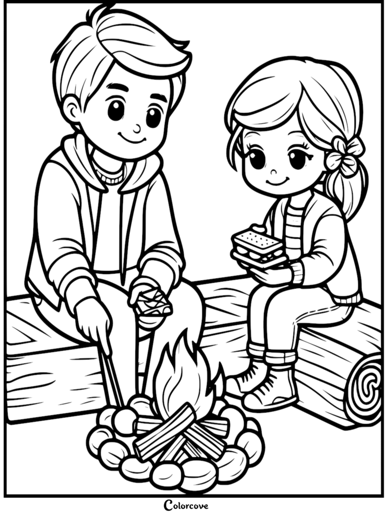 A boy and girl sitting on logs by a campfire roasting s'mores in this camping coloring page.