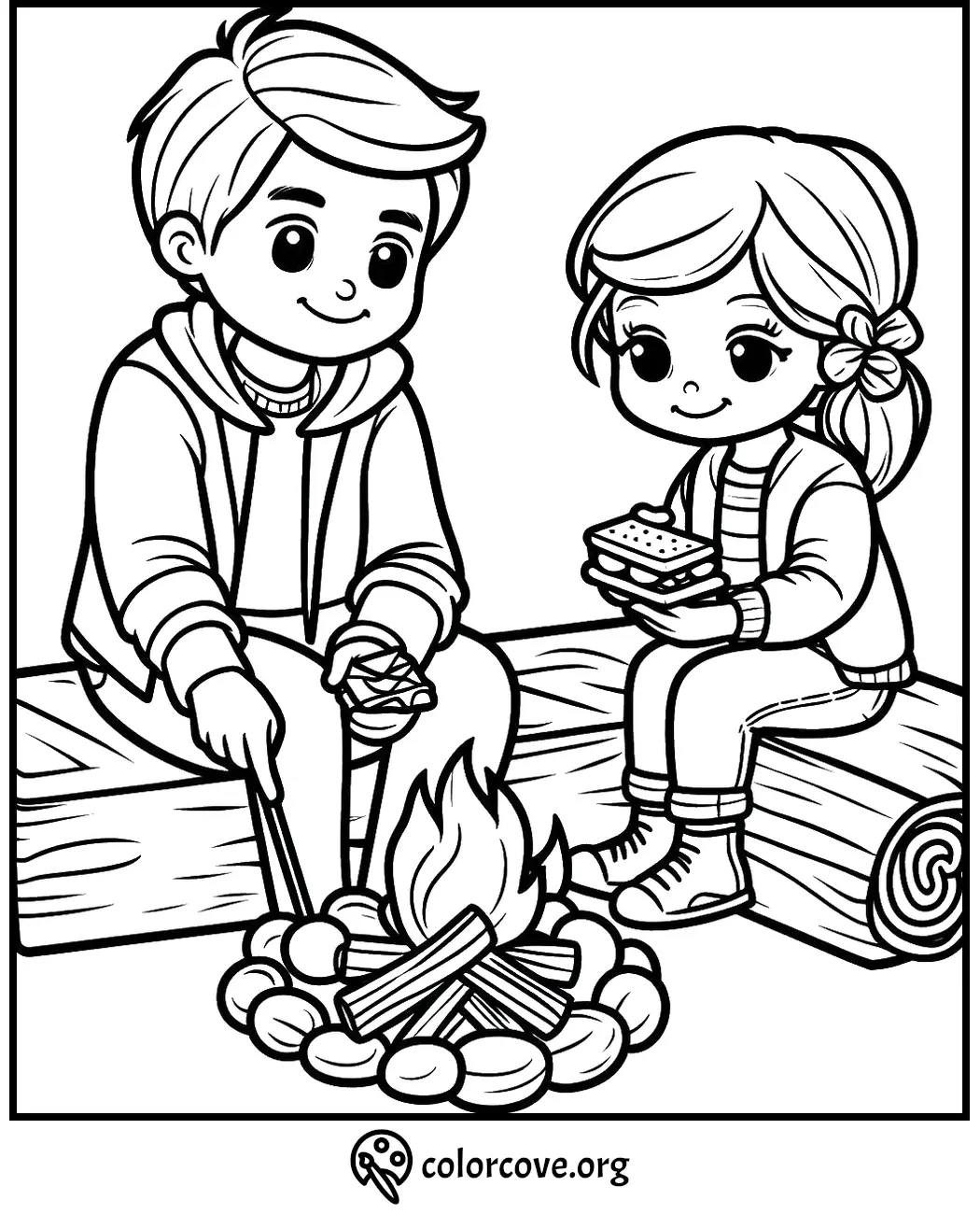 Kids roasting marshmallows and making s'mores around a campfire on a coloring page from colorcove.