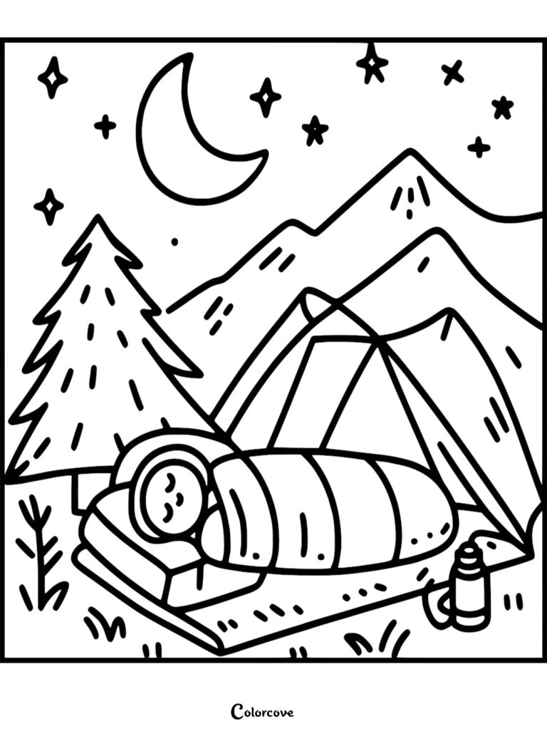 A camping coloring page featuring a person sleeping in a sleeping bag inside a tent under a crescent moon and stars with mountains and a pine tree in the background.