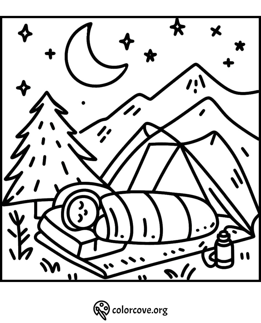 Camping scene coloring page with person in sleeping bag under starry sky, tent, and mountains.