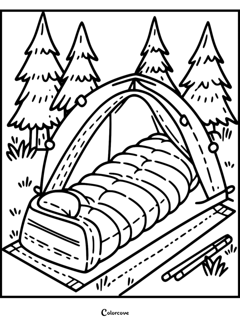 A cozy camping coloring page featuring a sleeping bag inside a tent surrounded by pine trees.