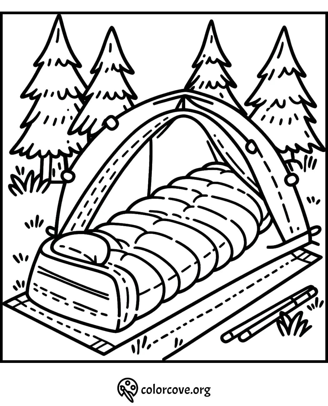 Camping tent and sleeping bag coloring page with pine trees in the background. Perfect for outdoor adventure themes.