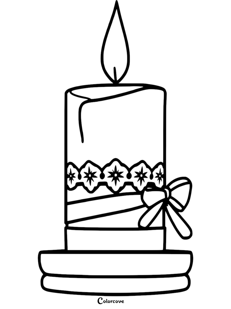 A simple line art candle coloring page featuring a lit candle decorated with a lace ribbon and a bow on a base.