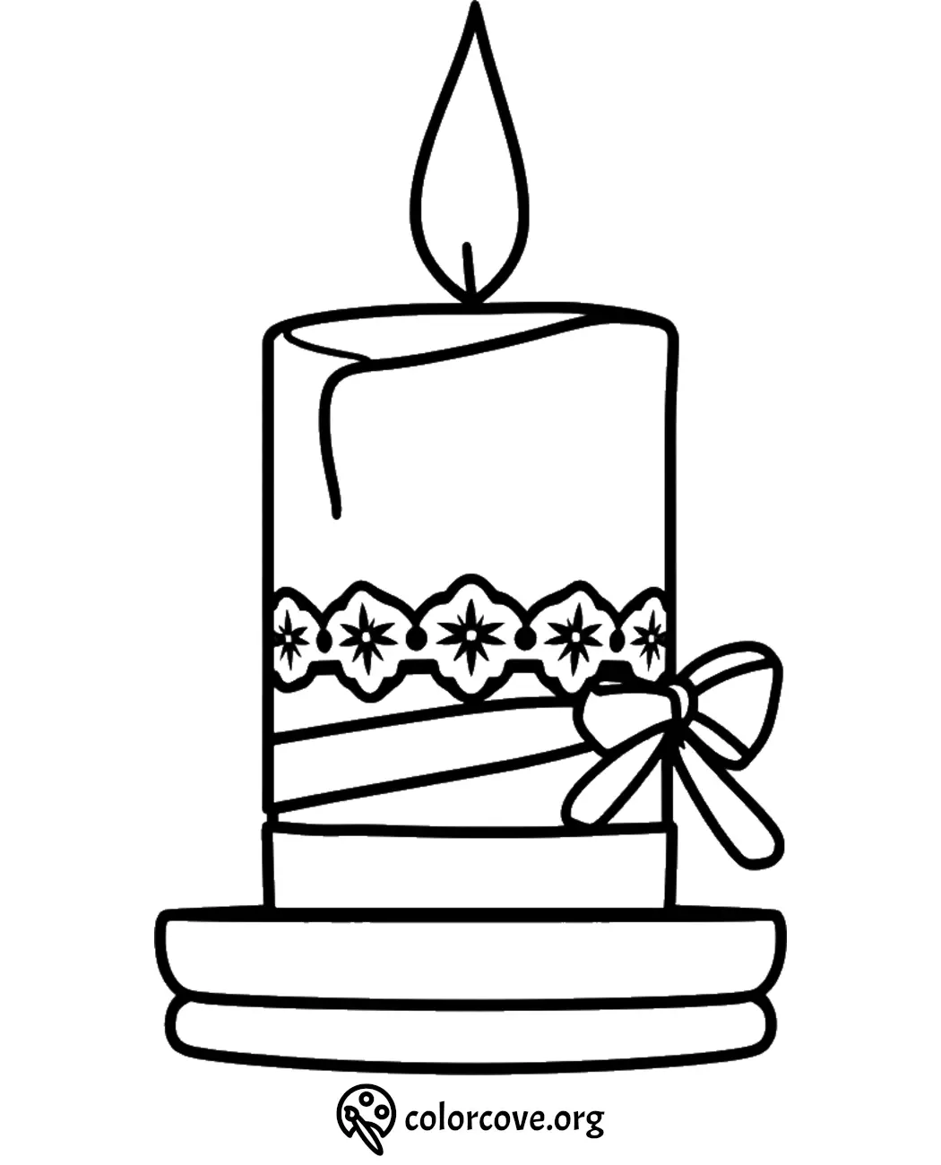 Printable coloring page of a decorative candle with a bow, lace pattern, and flame. Ideal for festive creativity.