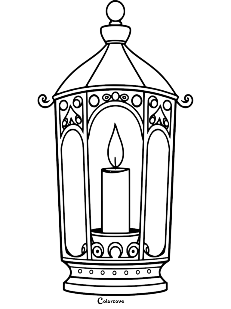 A printable coloring page featuring a lit candle inside an ornate, vintage-style metal lantern with intricate scrollwork details.