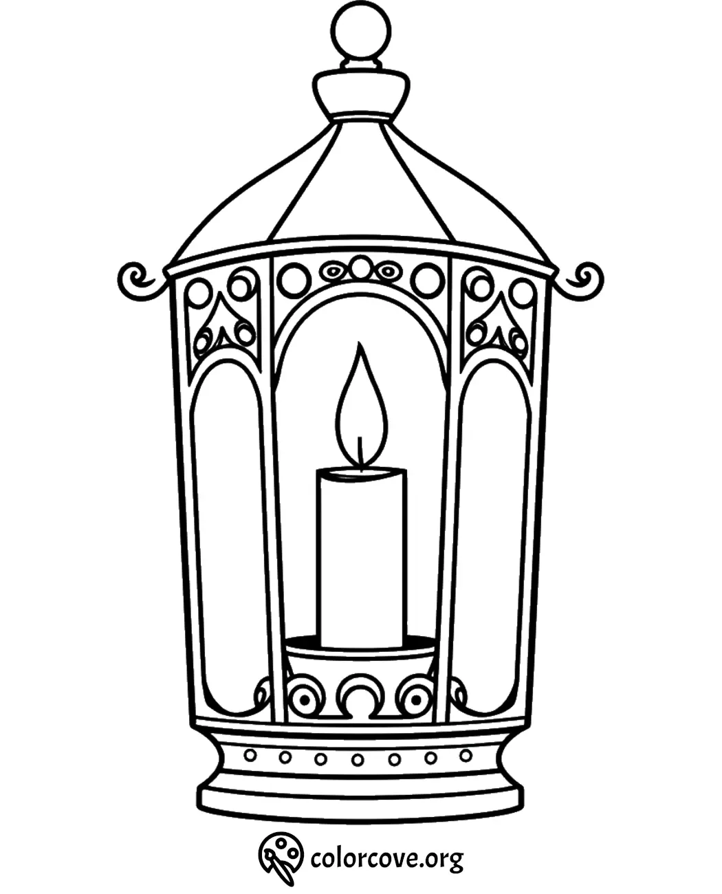 Lantern coloring page with intricate candle design for kids and adults to color.