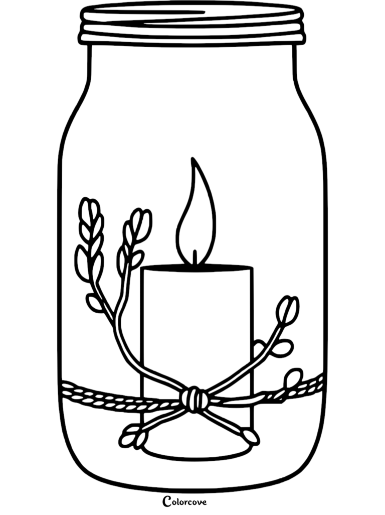 A relaxing candle inside a mason jar with decorative sprigs tied by twine, featured in this free printable coloring page.