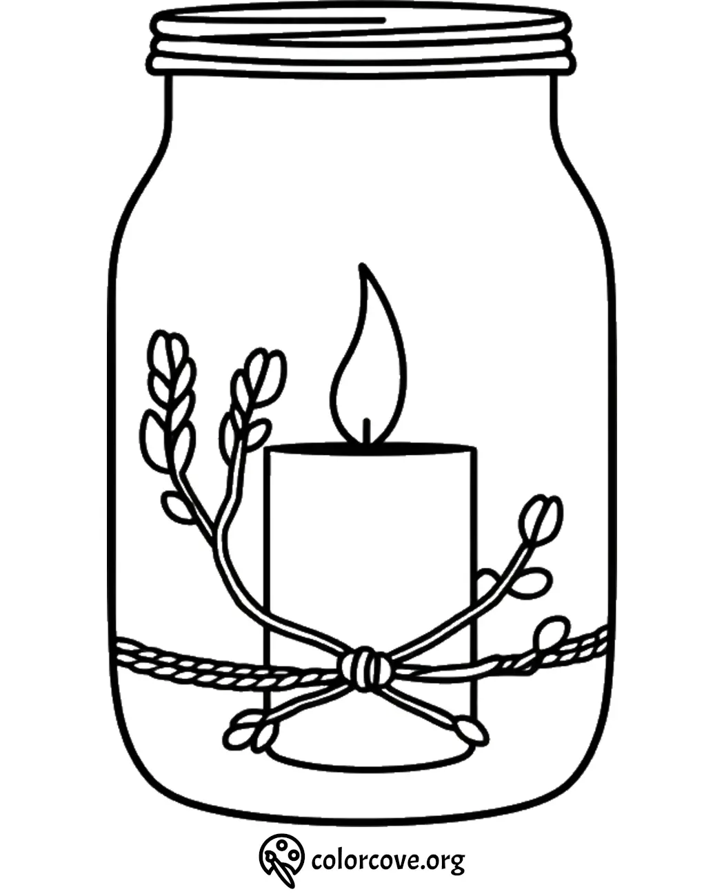 Coloring page of a candle in a jar with decorative twine and branches, perfect for relaxation and creativity.