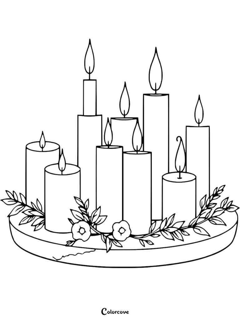 A printable coloring page featuring a cluster of eight lit candles arranged on a circular base decorated with leaves and flowers.