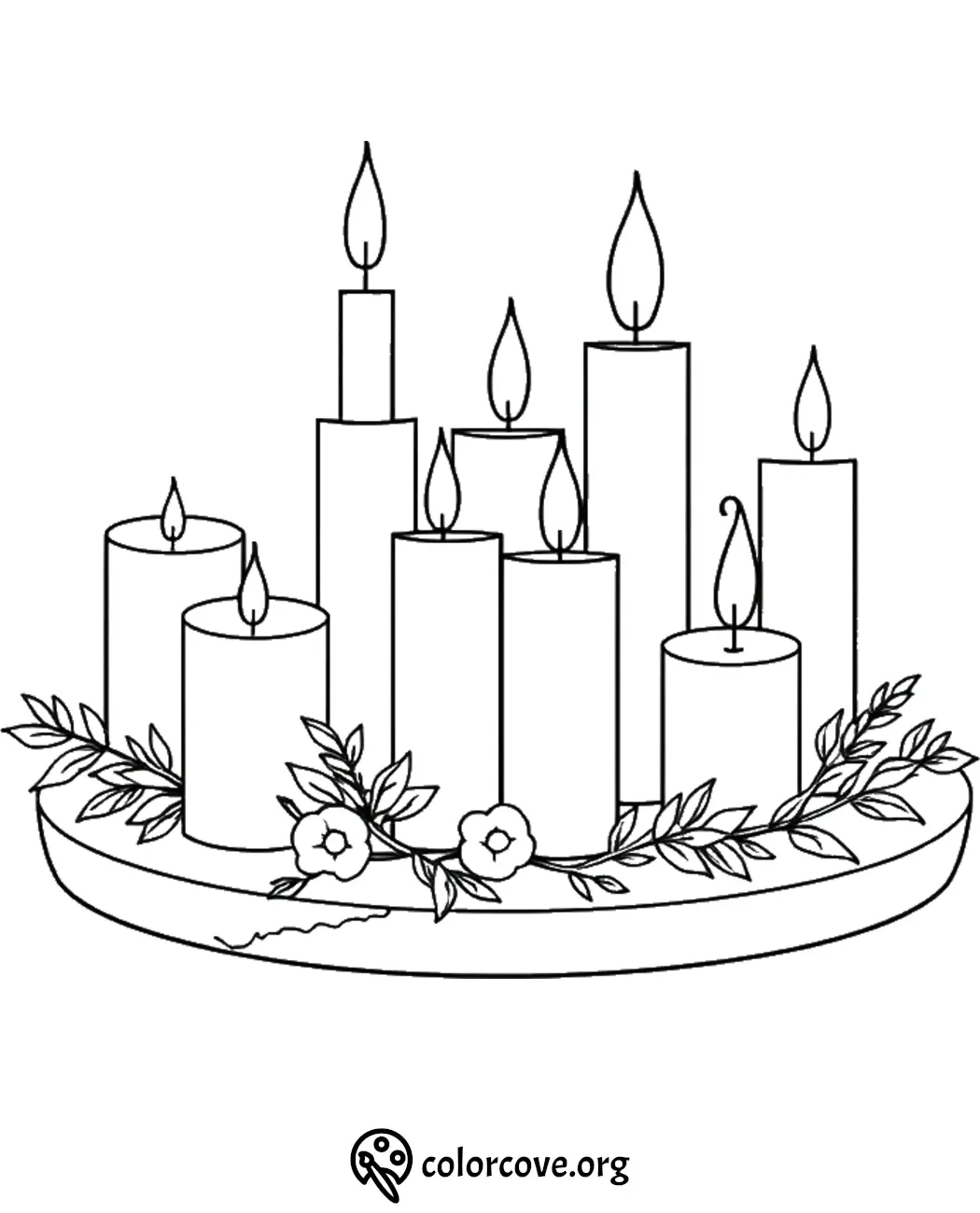 Candles with floral accents coloring page, perfect for a relaxing, creative activity for all ages.