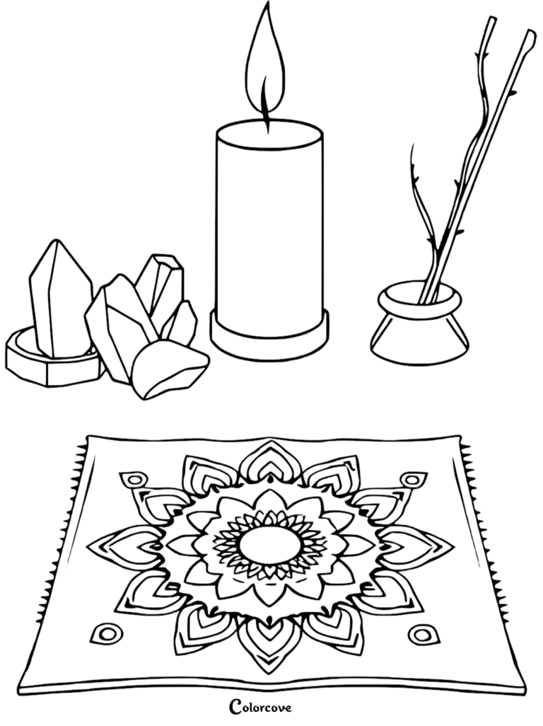 A relaxing candle coloring page featuring a lit pillar candle, raw crystals, a small vase with twigs, and a decorative mandala rug.