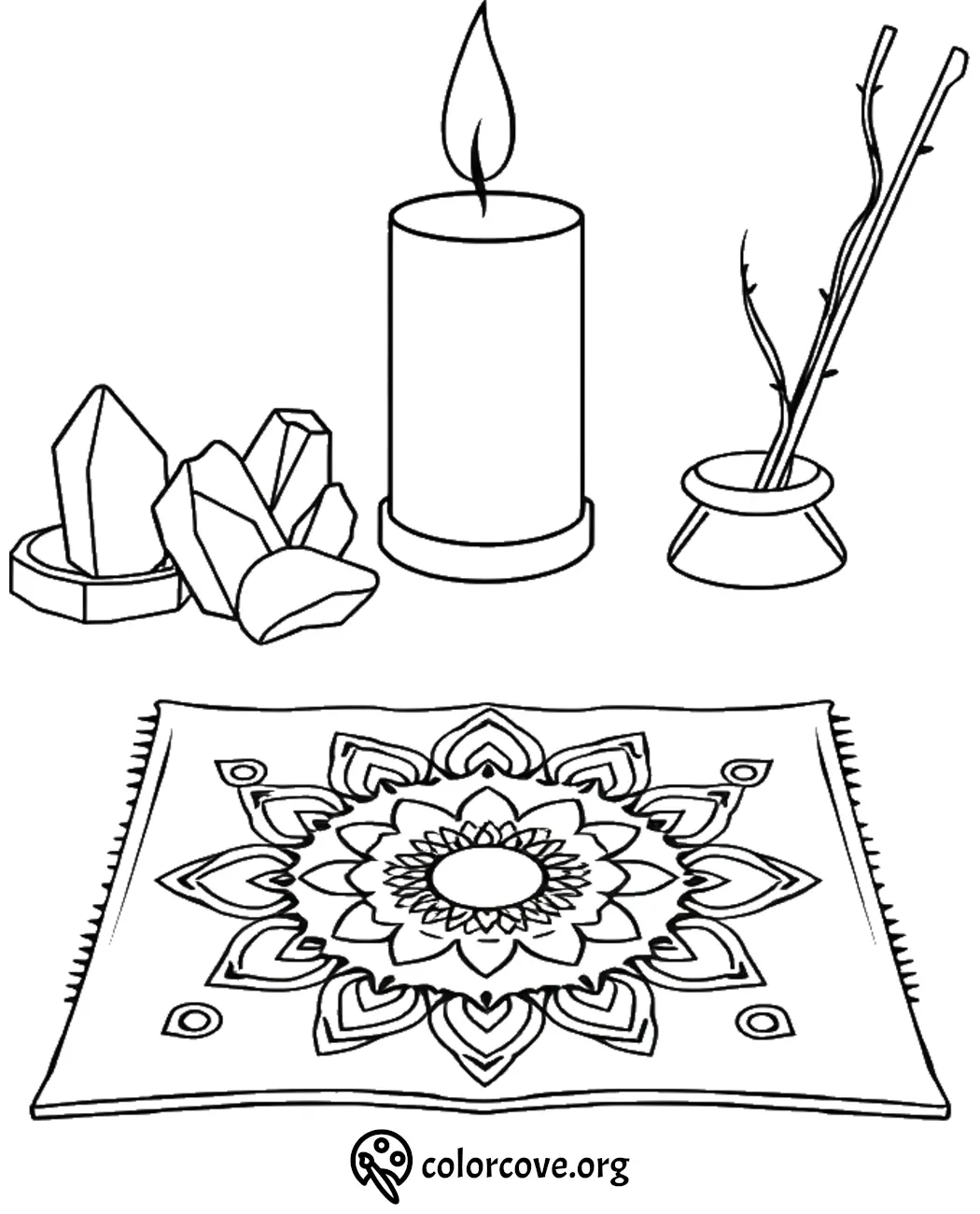 Mandala coloring page with candle, crystals, and incense for relaxation.