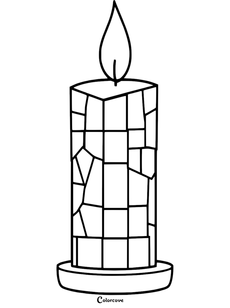 A stained glass style candle coloring page featuring a lit pillar candle with geometric segments.