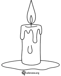 Simple candle coloring page with melting wax and flame outline, perfect for kids and art activities.