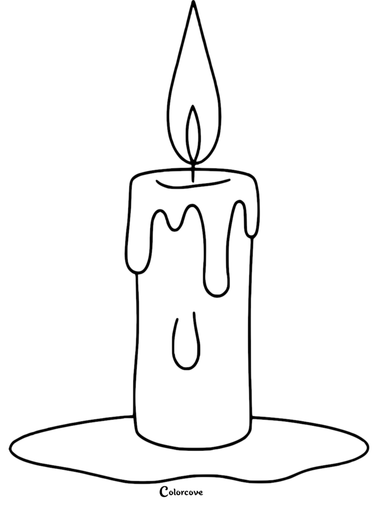 A simple line art coloring page of a lit candle with melting wax dripping down the sides onto a base.