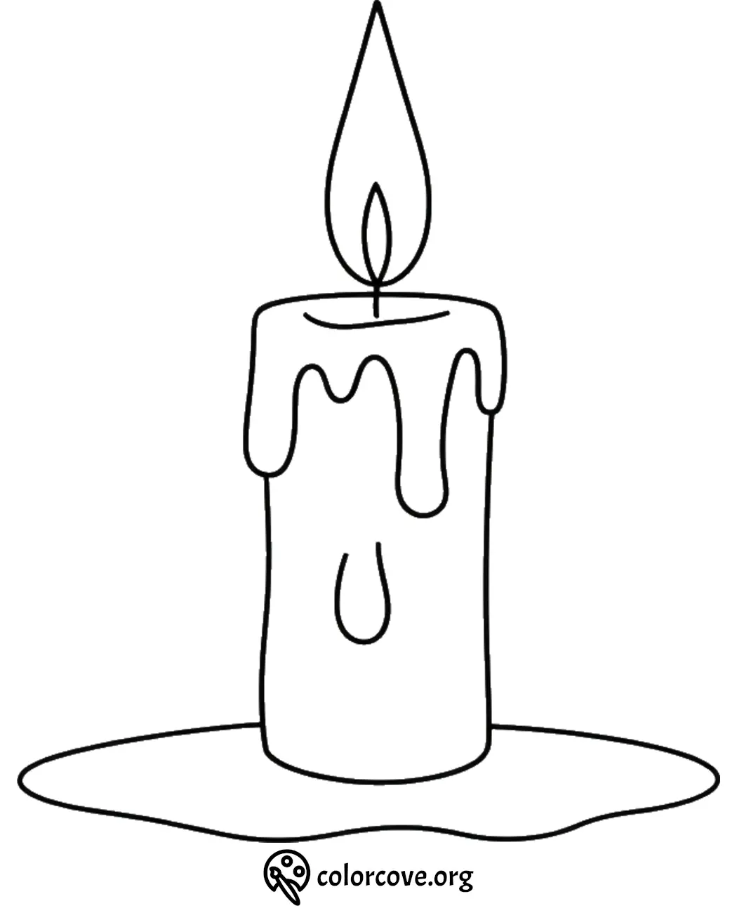 Simple candle coloring page with melting wax and flame outline, perfect for kids and art activities.