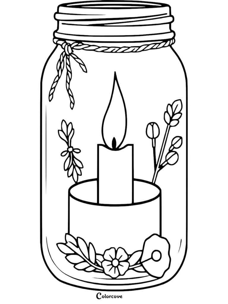 A relaxing candle inside a mason jar decorated with twine, leaves, and flowers as a printable coloring page.