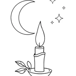 Candle and moon coloring page with stars, perfect for kids and adults who enjoy relaxing coloring activities.