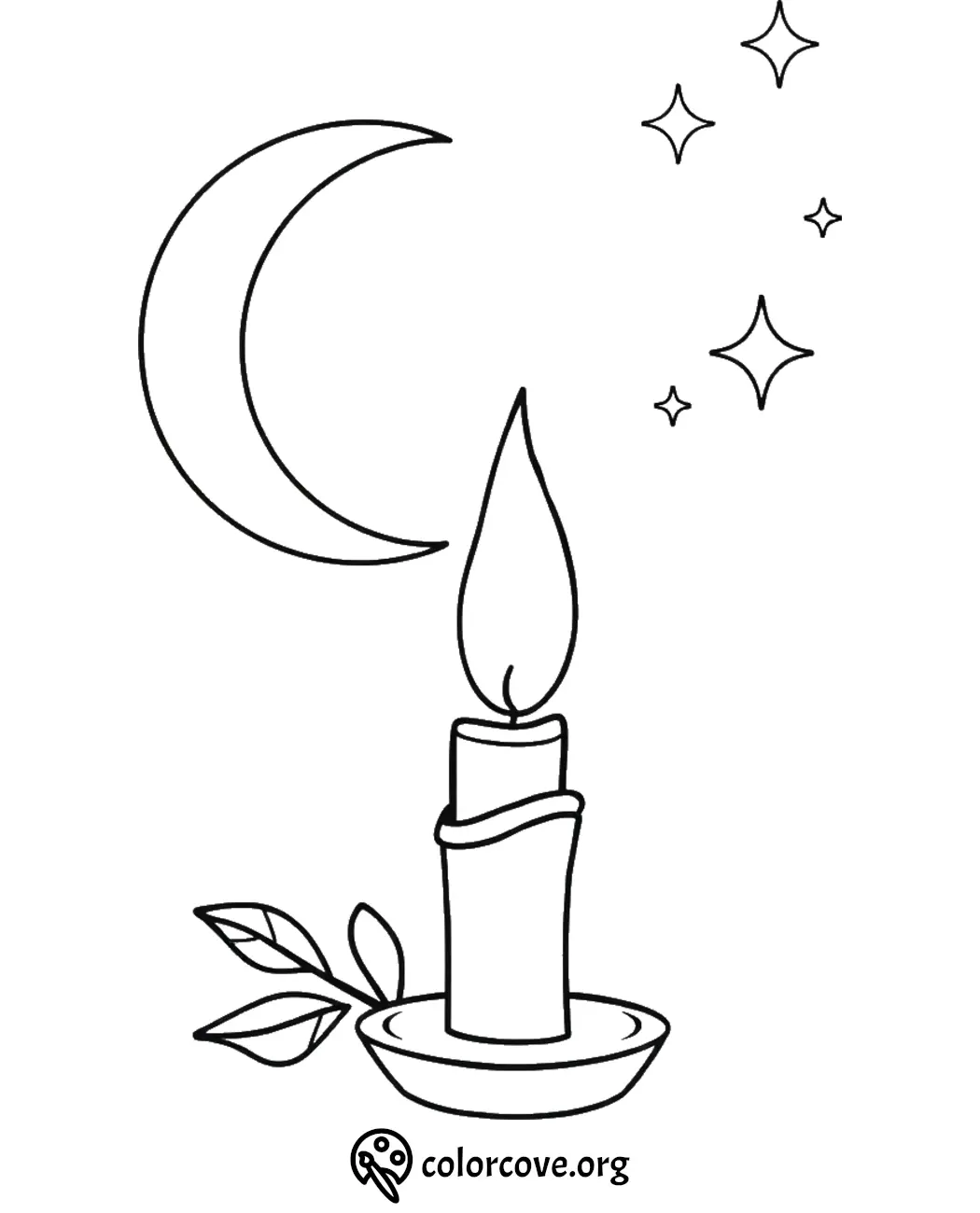 Candle and moon coloring page with stars, perfect for kids and adults who enjoy relaxing coloring activities.