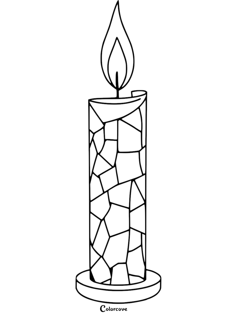 A printable coloring page featuring a lit candle with a mosaic tile pattern on its surface.