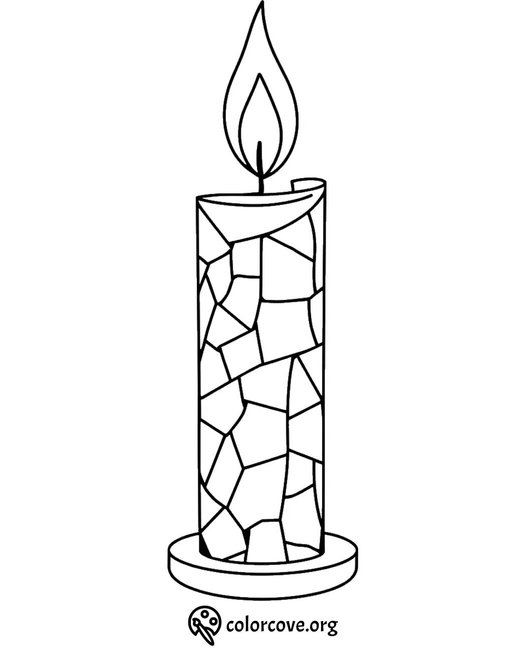 Mosaic candle coloring page with flame, perfect for creative kids and adults to color and enjoy.