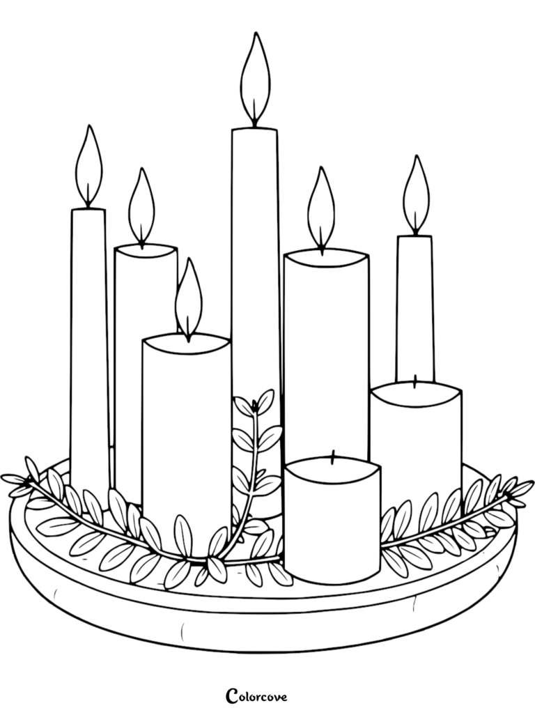 A group of six lit candles of varying heights arranged on a circular tray decorated with leafy sprigs in this printable coloring page.