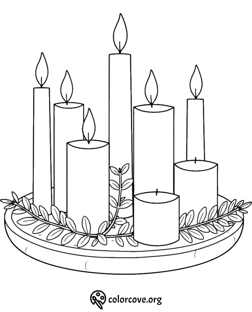 Candle arrangement coloring page with leaves on a tray, perfect for relaxation and creativity.