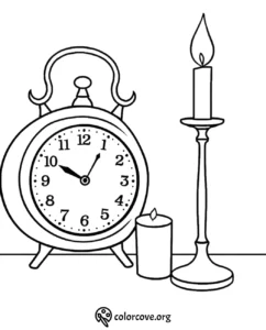 Vintage alarm clock with candles coloring page for kids and adults to print and color.