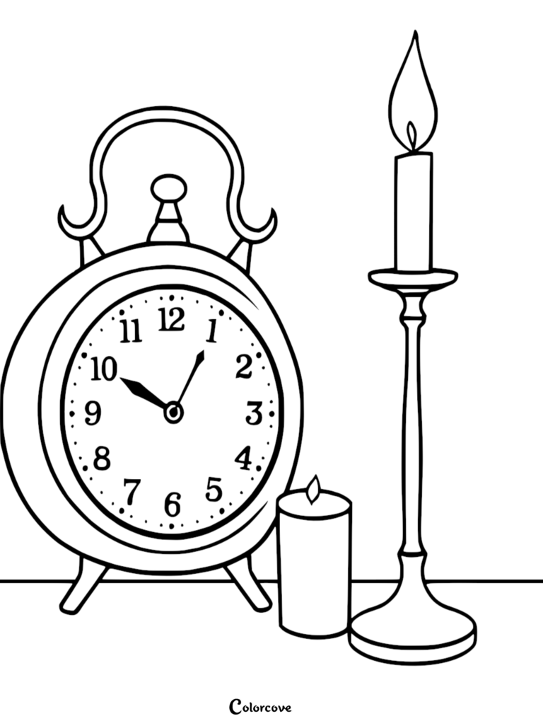 A printable coloring page featuring an alarm clock next to a tall candlestick and a small pillar candle.