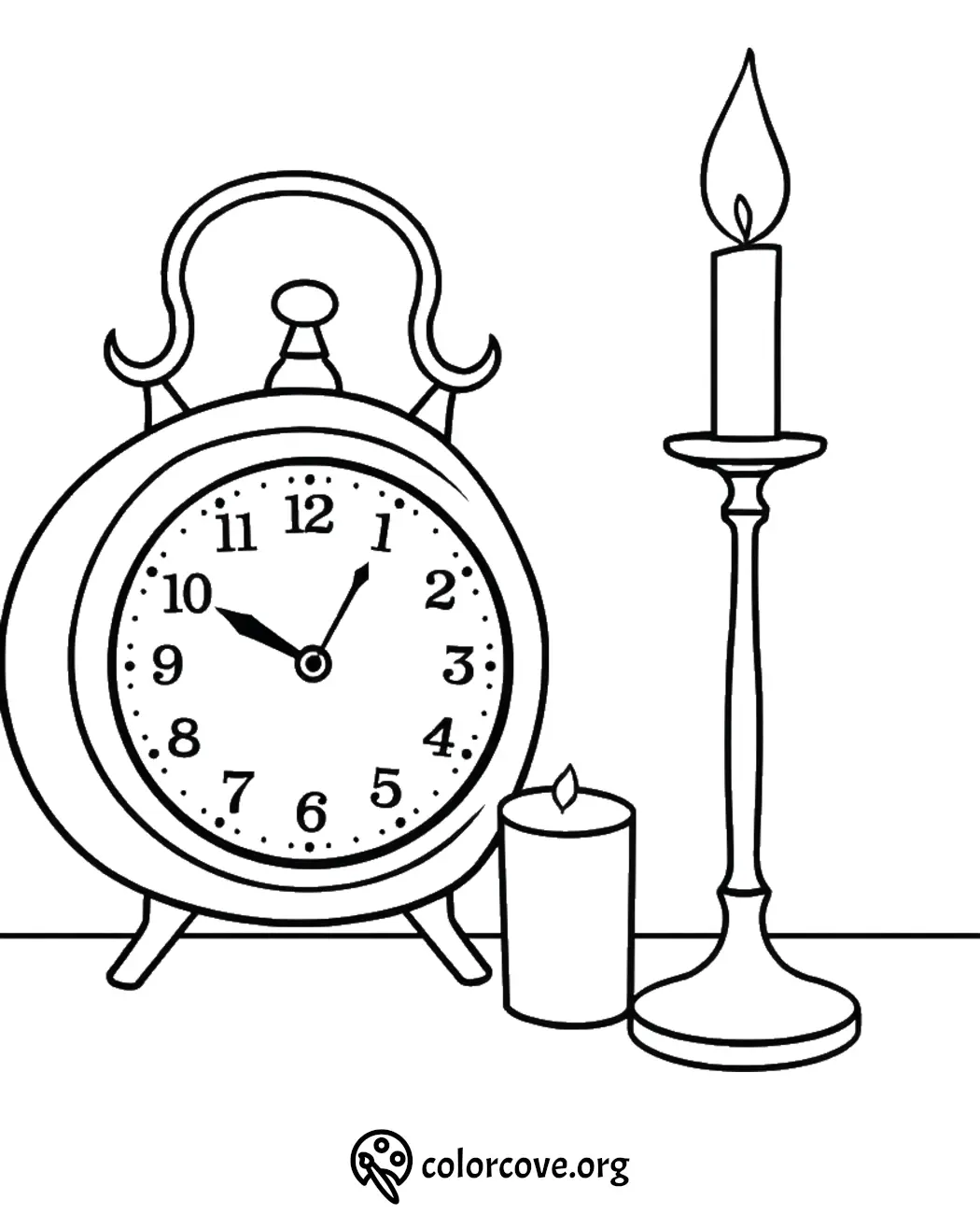 Vintage alarm clock with candles coloring page for kids and adults to print and color.