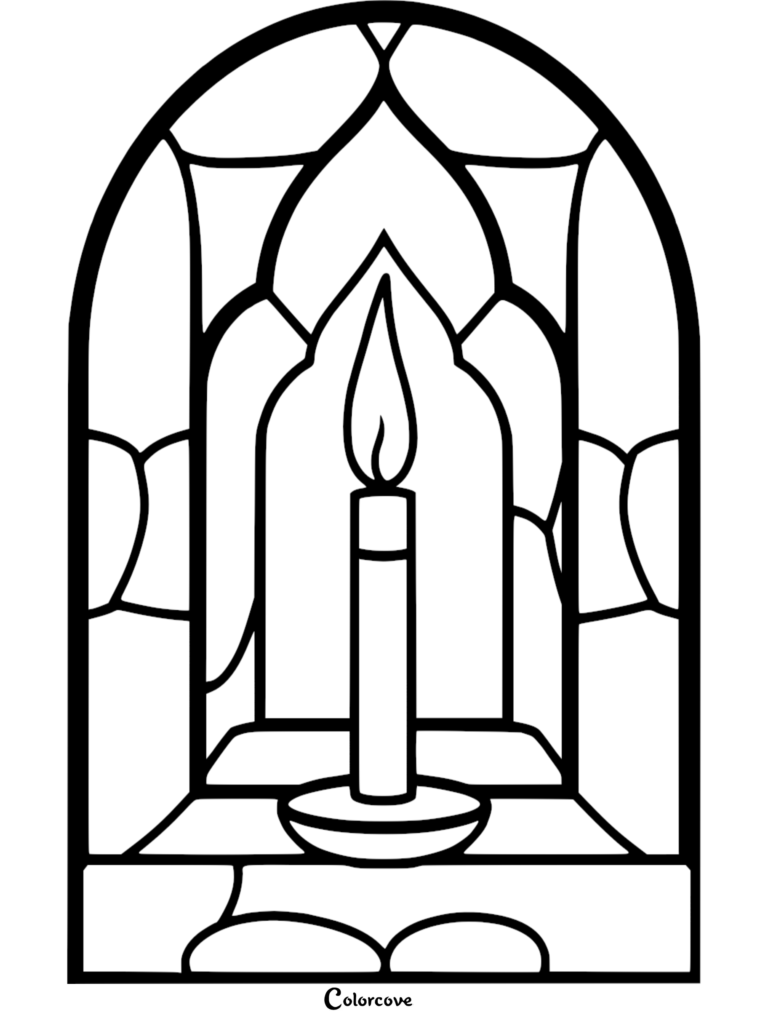 A printable coloring page featuring a lit candle centered inside an arched stained glass window frame.