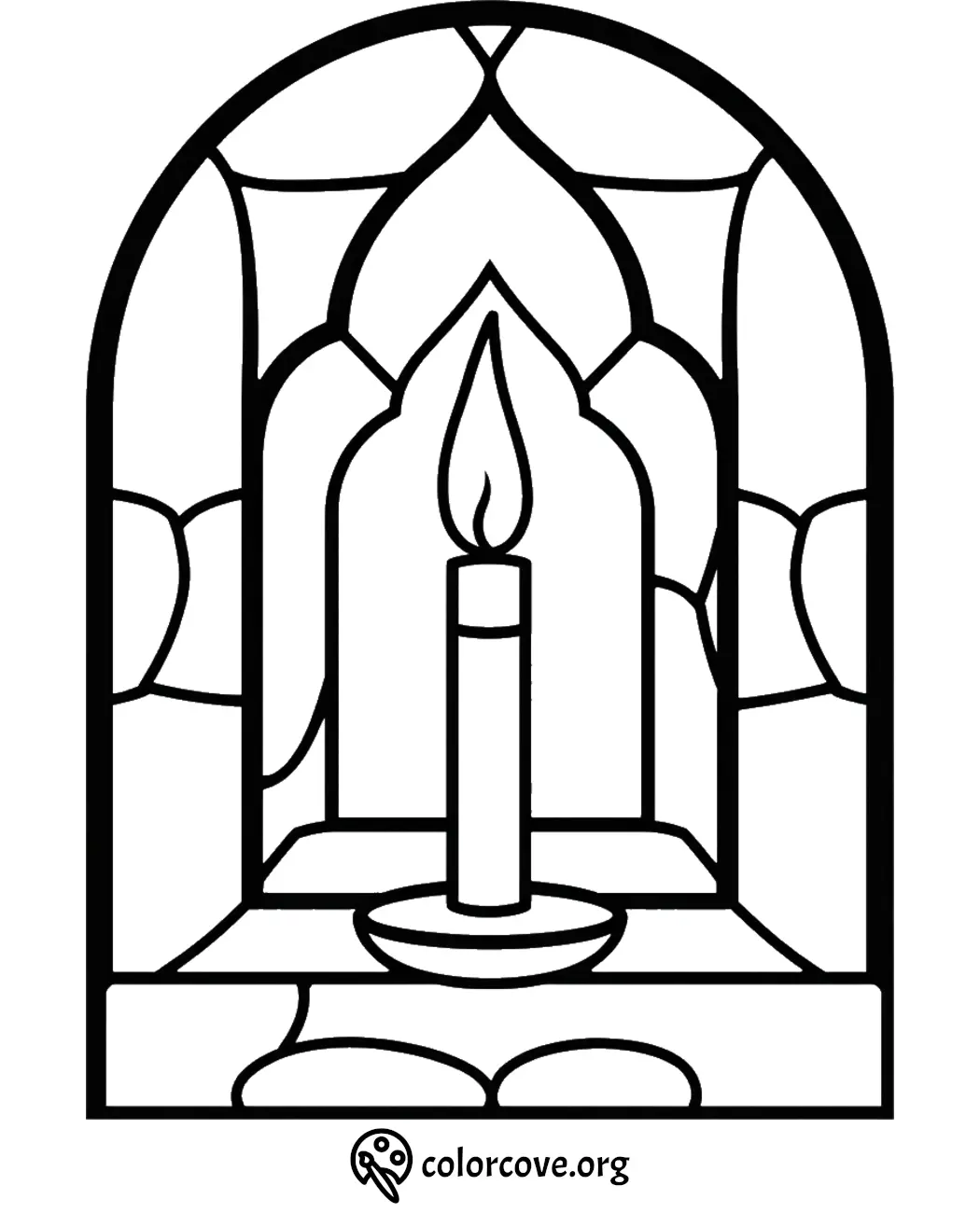 Stained glass window coloring page with a candle in the center, ideal for creativity and relaxation.