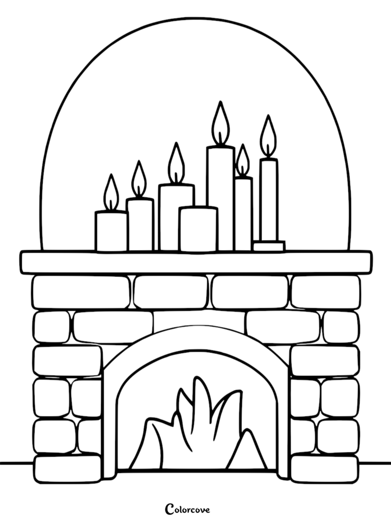A printable coloring page featuring a brick fireplace mantel topped with six lit candles of varying heights.