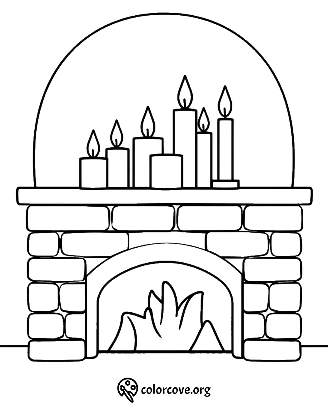 Fireplace coloring page with candles on top, featuring bricks and cozy flames.